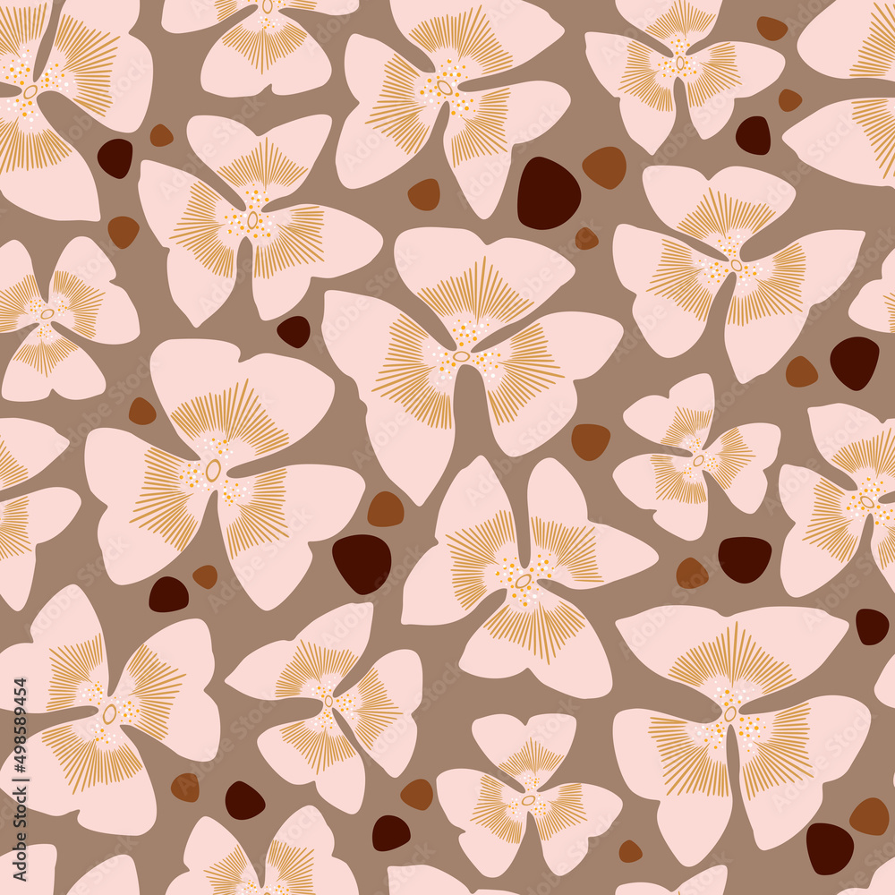 Tropical flowers, simple flat design vector illustration with abstract pastel color shape. Irregular spots, lines and clover leaves. Abstract universal artistic pattern for fabric, wrapping paper Tropical flowers, simple flat design vector illustration with abstract pastel color shape. Irregular spots, lines and clover leaves. Abstract universal artistic pattern for fabric, wrapping paper