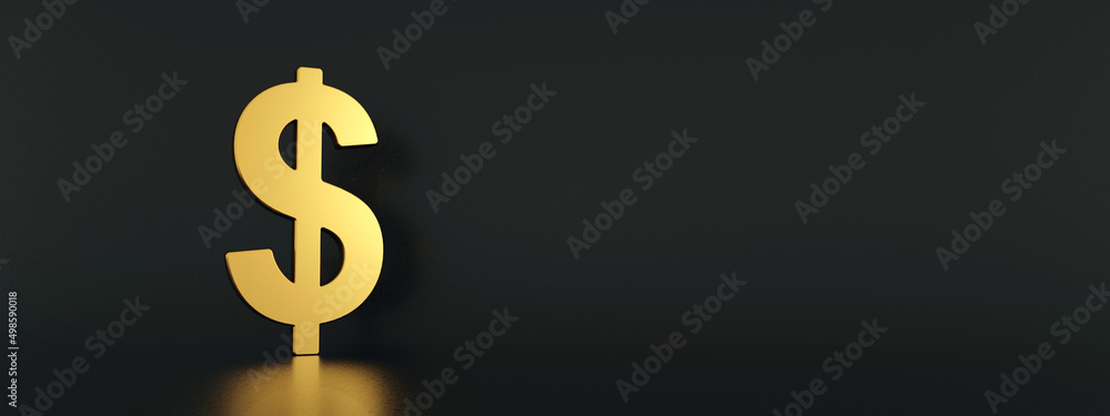 Golden dollar sign over black background, 3d render, panoramic layout Golden dollar sign over black background, 3d render, panoramic layout