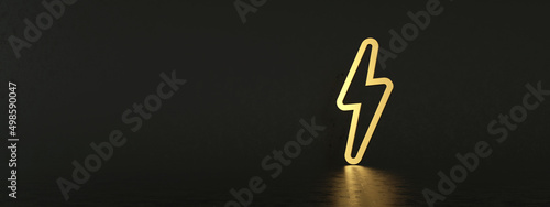 Photo golden thunderbolt over black background, 3d render, panoramic layout