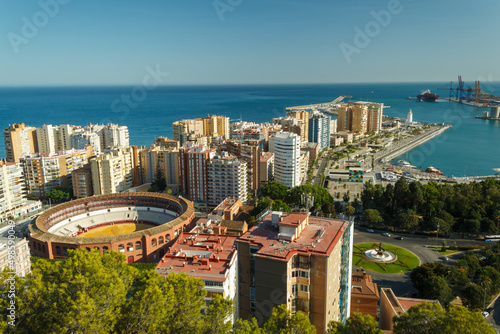 View of the sea and modern architecture in Malaga, a city and municipality of Spain