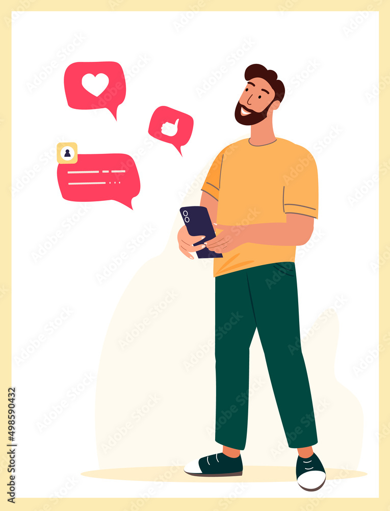 Positive feedback to post in social media. Person enjoying likes, thumb-ups, hearts, smiling emojis in internet. Happy man with mobile phone. Flat vector illustration isolated on white background