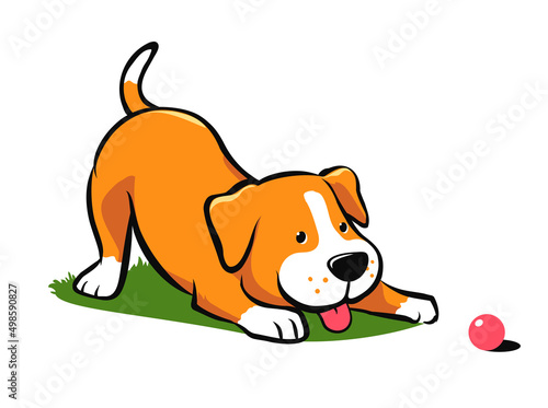 Little cartoon dog playing with a ball vector drawing.