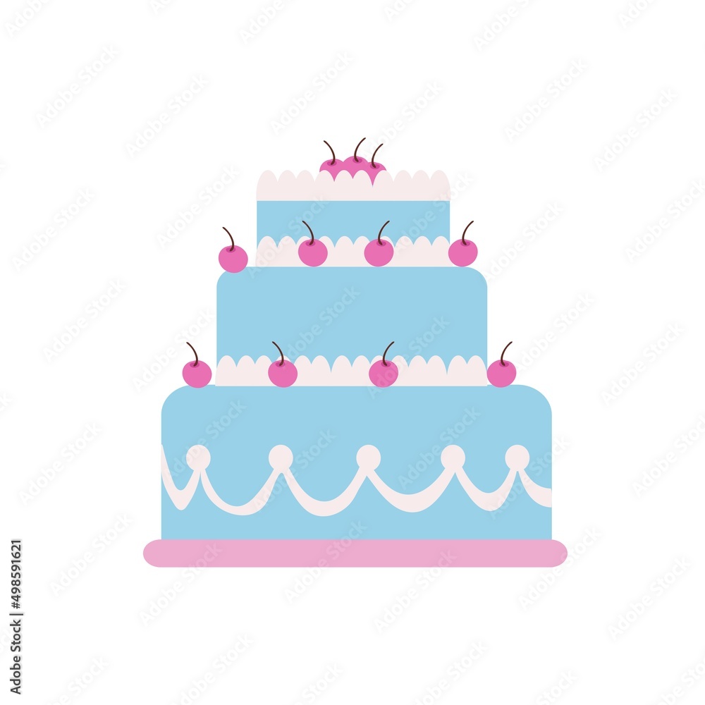 Three-tiered cake with fresh cherries. On a pink tray. Color image on a white background. Doodle. Three-tiered cake with fresh cherries. On a pink tray. Color image on a white background. Doodle.