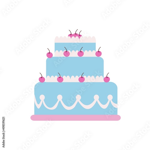 Three-tiered cake with fresh cherries. On a pink tray. Color image on a white background. Doodle.