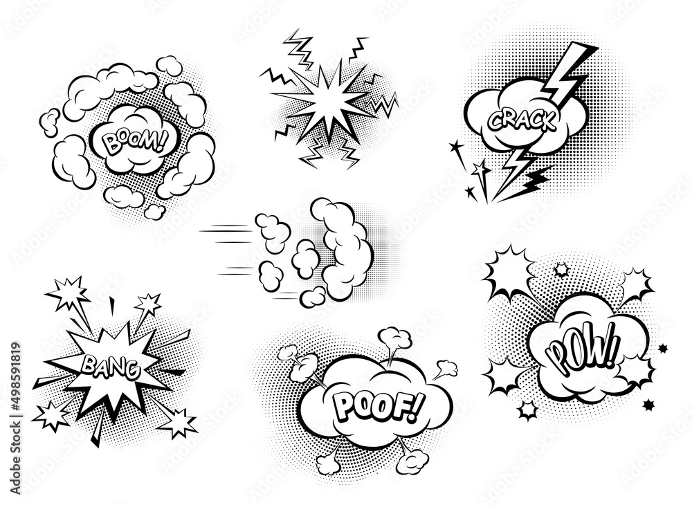 Comic speech bubbles with text. Sound emotes and comics cues. Sound effects in pop art style. Set of cartoon dialog clouds with Halftone Dot background. Isolated. Vector illustration