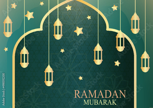 banner ramadan mubarak fondo verde con dorado ilustración vectorial