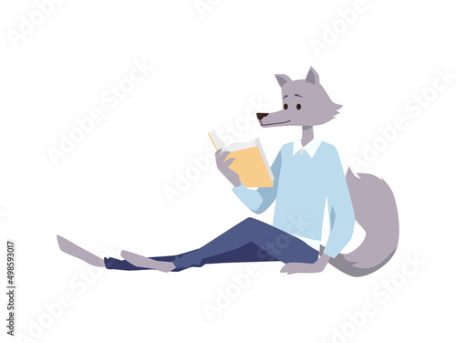 Animal student sitting and reading book, wolf at school or college, flat vector illustration isolated on white background.