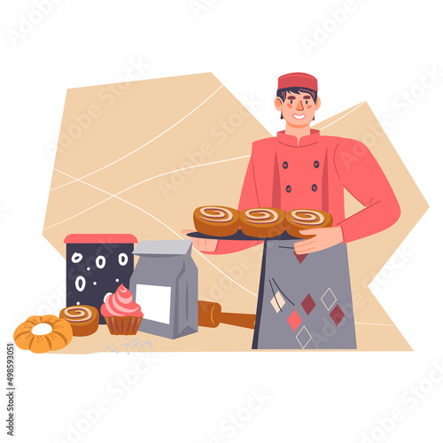 Bakery or bakehouse banner or label with baker holding freshly baked bread, flat vector illustration isolated on white background.