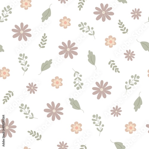Simple pastel-colored floral seamless pattern, flowers, leaves flat style vector illustration, symbol of spring, cozy home, holiday celebration decor perfect for textile, fabric, springtime decoration