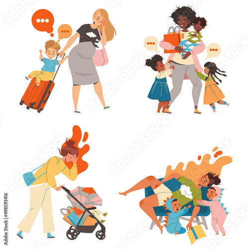 Tired Mom with Kids Feeling Stress and Exhaustion of Noisy and Naughty Toddler Vector Set