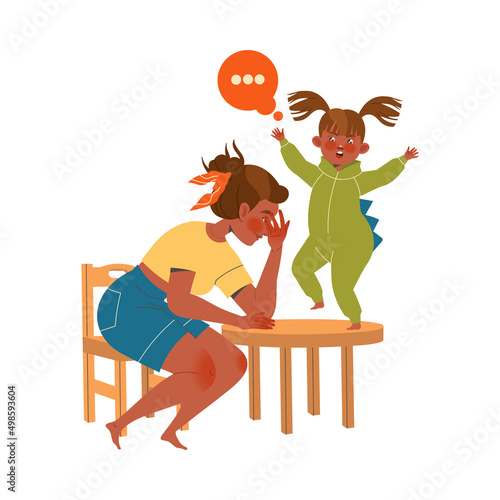 Tired Mom Sitting on Chair with Little Daughter Jumping on Table Feeling Stress and Exhaustion of Noisy and Naughty Kid Vector Illustration