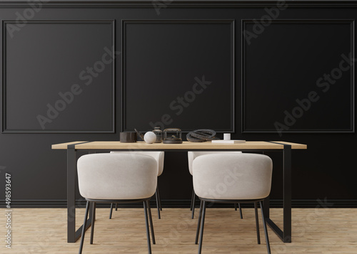 Empty black wall in modern dining room. Mock up interior in contemporary style. Free space, copy space for your picture, text, or another design. Dining table with chairs, parquet floor. 3D rendering.