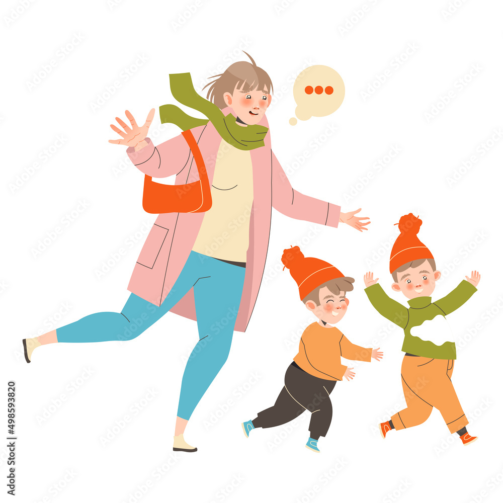 Tired Mom Chasing Little Boys Trying to Dress Them Feeling Stress and Exhaustion of Noisy and Naughty Kid Vector Illustration Tired Mom Chasing Little Boys Trying to Dress Them Feeling Stress and Exhaustion of Noisy and Naughty Kid Vector Illustration