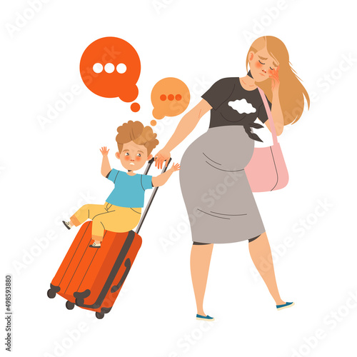 Tired Pregnant Mom Pulling Suitcase with Little Son Sitting on It Feeling Stress and Exhaustion of Noisy and Naughty Kid Vector Illustration
