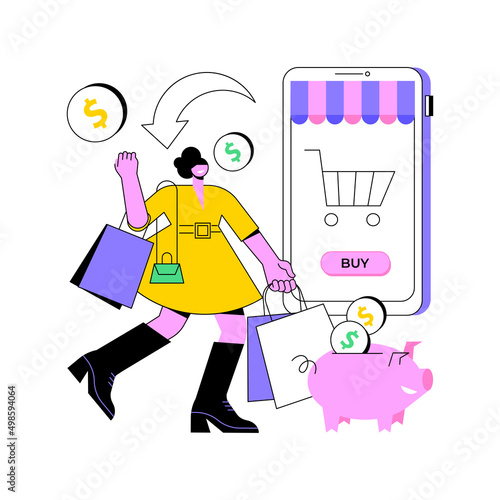 Cashback service abstract concept vector illustration. Online cashback extension, score your extra cash rebate, cash-back service rates, reduce cost shopping online at check out abstract metaphor.