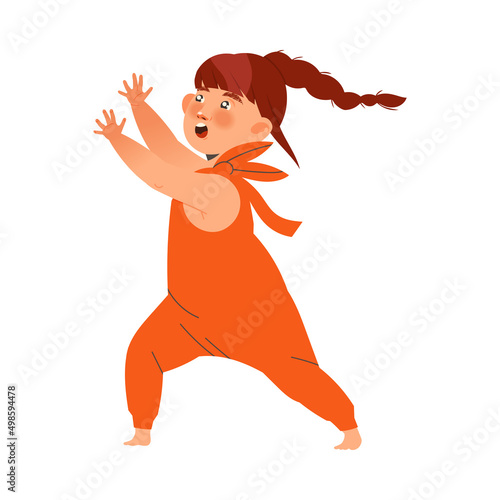 Noisy Little Girl with Braid Wearing Jumpsuit Claiming Attention with Outstretched Arms Vector Illustration