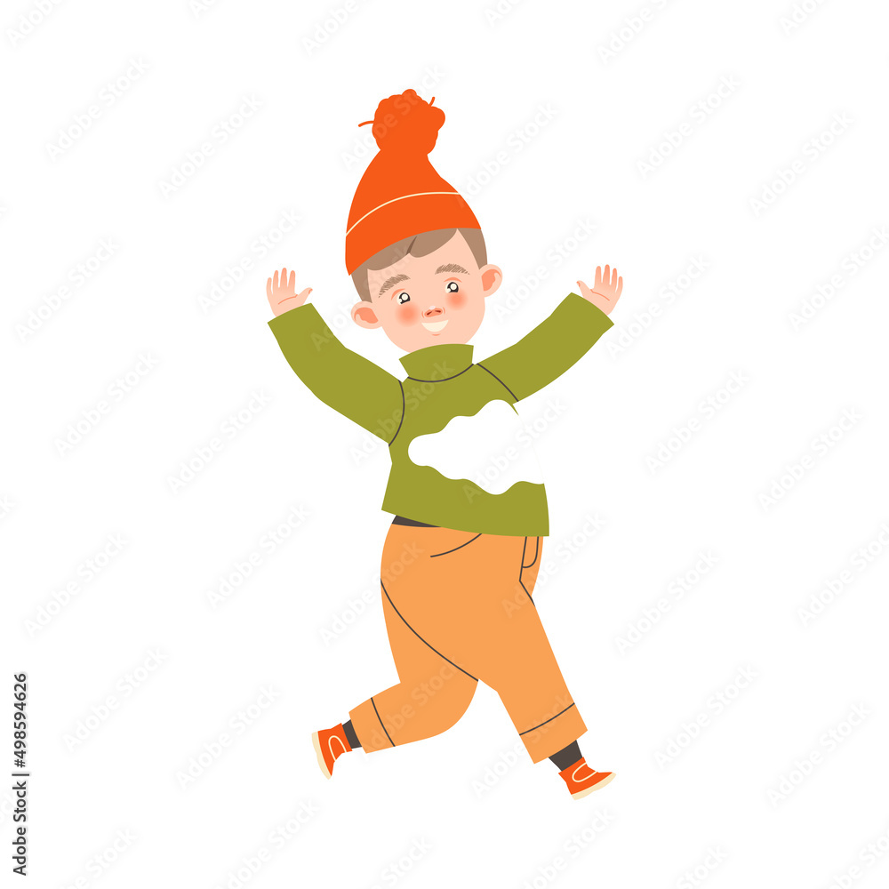 Noisy Little Boy in Hat Running and Laughing Vector Illustration