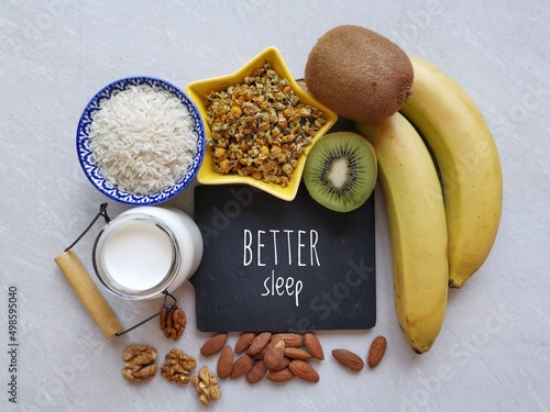 Melatonin rich foods: milk, nuts, tea, white rice, kiwi, banana. Best food for good sleep with text Better Sleep. Melatonin is a hormone; regulates the sleep-wake cycle. Healthy food for getting sleep