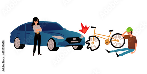 Car collides with bicycle, sad woman and injured cyclist, flat vector illustration isolated on white background.