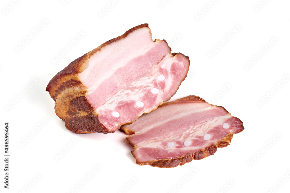 Smoked Pork Loin with slices, isolated on white background.