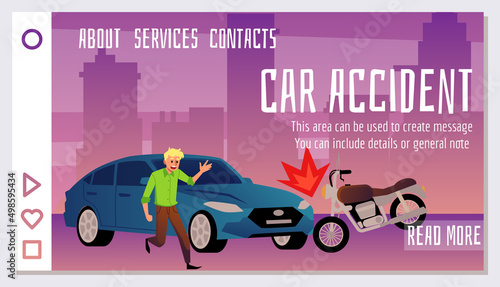 Car crashed into bike, scared driver, traffic collision landing page template - flat vector illustration.