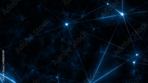 Abstract blue shiny glowing network of a polygonal wire structure. Concept of virtual neural networks, nanotechnology in artificial intelligence, and machine learning in blockchain and crypto space.