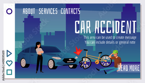 Car accident landing page with car hit cyclist on bicycle, flat vector illustration.