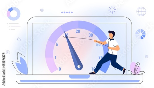 Website loading optimization Page speed and SEO Flat vector concept illustration Website speed Loading time Page optimization Speed test metering dial Slow loading of media content. Signal quality
