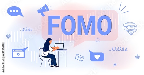 FOMO Fear of missing out Vector illustration concept Social anxiety cause and symptom Pervasive apprehension Afraid absent regrets Law of attraction Psychological safety Well-being Personal comfort