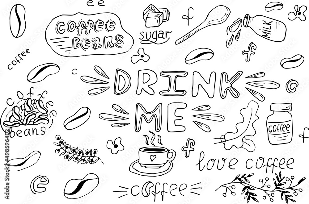 Hand drawn set of Coffee elements icons in doodle sketch style. Vector illustration
