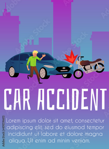 Man driver hit bike on the road  poster or banner template  flat vector illustration.