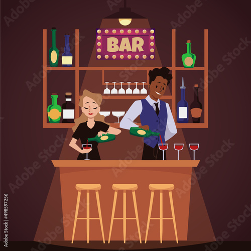 Bartender man and woman pouring wine into glasses behind the counter, flat vector illustration.