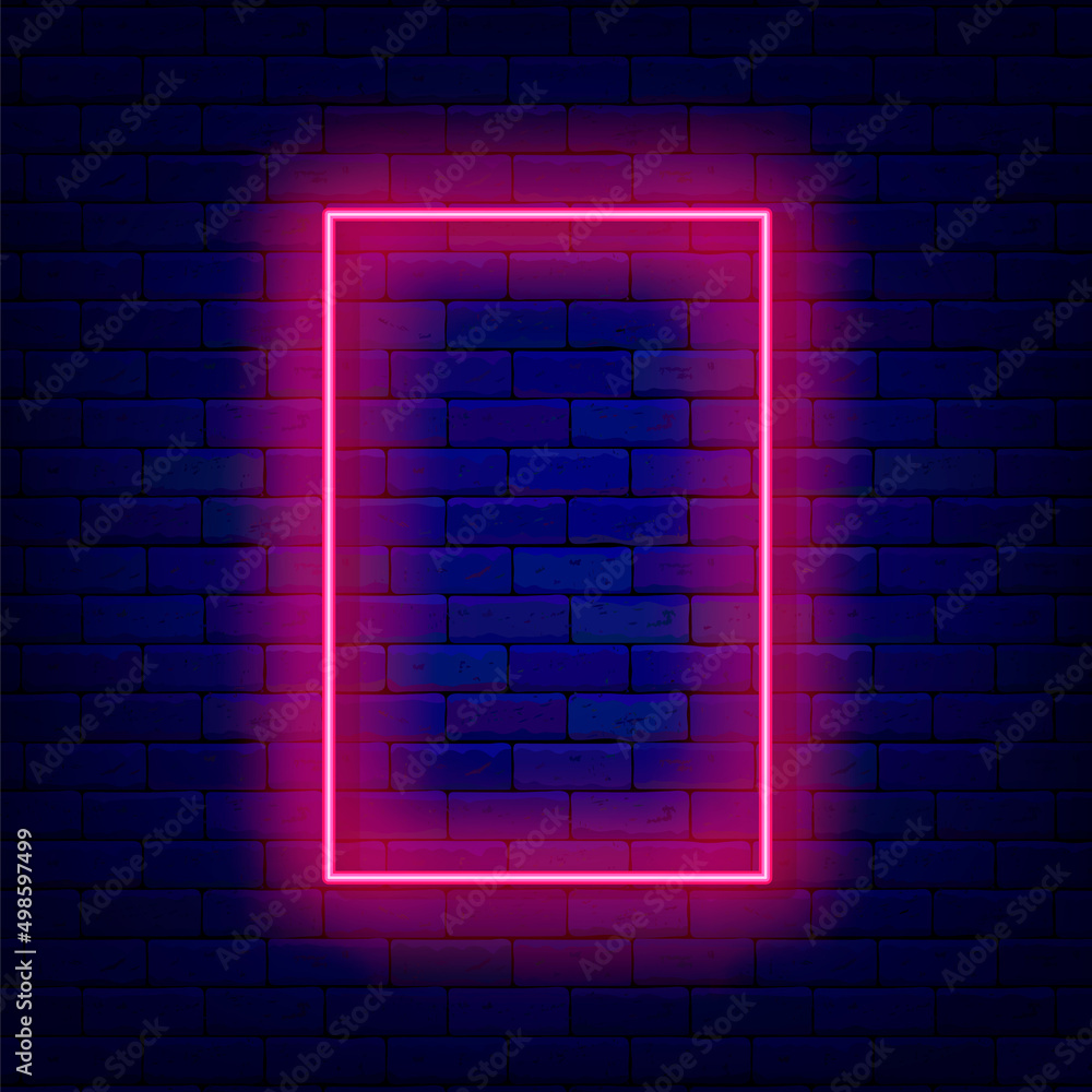 Rectangular pink neon frame on brick wall. Vertical portrait framing. Empty border. Copy space. Vector illustration Rectangular pink neon frame on brick wall. Vertical portrait framing. Empty border. Copy space. Vector illustration