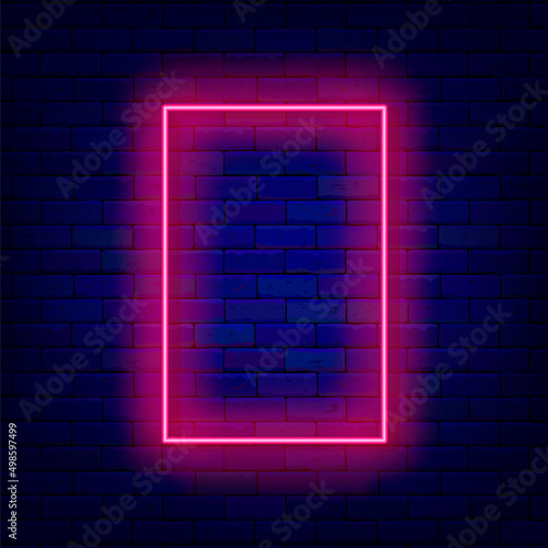 Rectangular pink neon frame on brick wall. Vertical portrait framing. Empty border. Copy space. Vector illustration