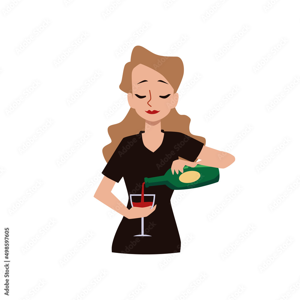 Bartender woman pours wine from a bottle into a glass vector flat illustration on a white background Bartender woman pours wine from a bottle into a glass vector flat illustration on a white background