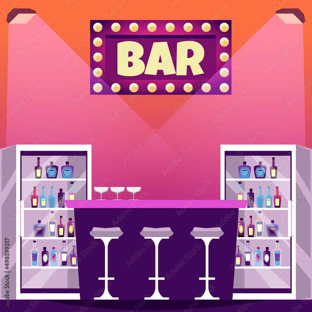 Counter with alcoholic drinks in a bar, nightclub, restaurant, cafe, vector flat illustration Counter with alcoholic drinks in a bar, nightclub, restaurant, cafe, vector flat illustration