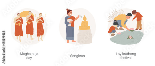 Buddhist festivals isolated cartoon vector illustration set. Buddhist people celebrating Magha puja day together, Songkran religious holiday, Loy krathong festival, spirituality vector cartoon.