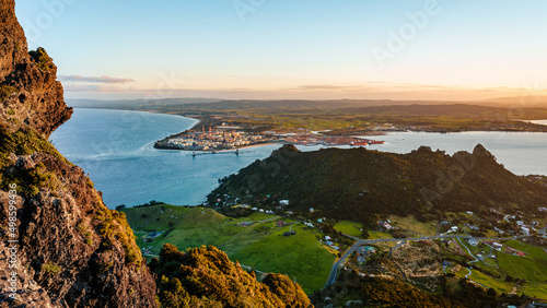 Beautiful view of Mount Manaia in Whangarei Heads, New Zealand with a blue sky in the background photo