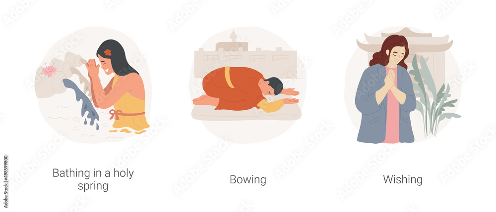Buddhist pilgrim isolated cartoon vector illustration set. Young Buddhist woman bathing in holy spring water, worshipper man bowing and praying, wishing ritual, religious pilgrimage vector cartoon.