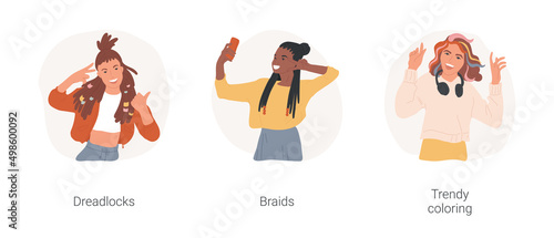 Trendy hairstyle isolated cartoon vector illustration set. Laughing girl with dreadlock, teenager with braids making selfie, fancy hair coloring, brightly colored hair, teen fashion vector cartoon.