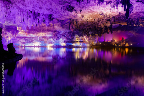 Scenic inside view of the Shuanghedong Caves with colorful lights, Wenquan, Guizhou Province, China photo