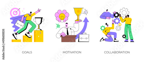 Business growth abstract concept vector illustration set. Goals, motivation and collaboration, achievement and coaching, enterprise cooperation, business meeting, smart planning abstract metaphor.