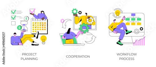 Business process abstract concept vector illustration set. Project planning, cooperation, workflow process, business analysis, vision and scope, boost productivity, partnership abstract metaphor.