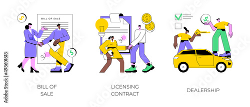 Business documents abstract concept vector illustration set. Bill of sale, licensing contract, dealership, intellectual property agreement, authorized dealer, electronic signature abstract metaphor.
