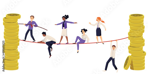 Financial balance - tightrope walking. People walking on a tightrope, vector flat illustration on a white background.
