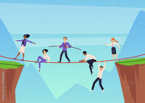 Office workers walking on the rope, abstract concept of business balance, flat vector illustration Fototapet