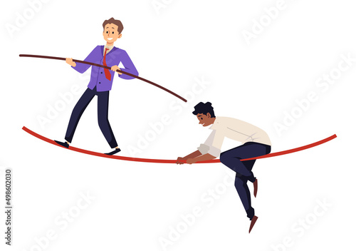 Businessmen walking on the rope and trying to keep balance, flat vector illustration isolated on white background.