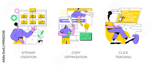 Website optimization abstract concept vector illustration set. Sitemap creation, copy optimization, click tracking, SEO analytics software, online business, target keyword, web text abstract metaphor.