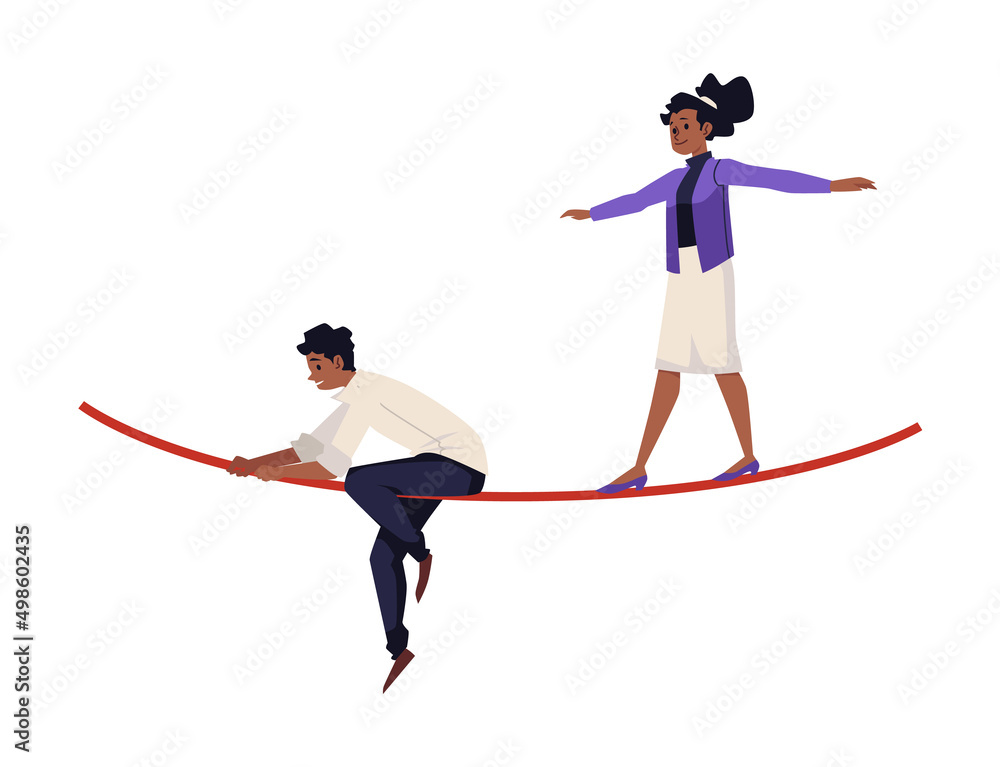 Confident business woman walking on the rope, flat vector illustration isolated on white background.