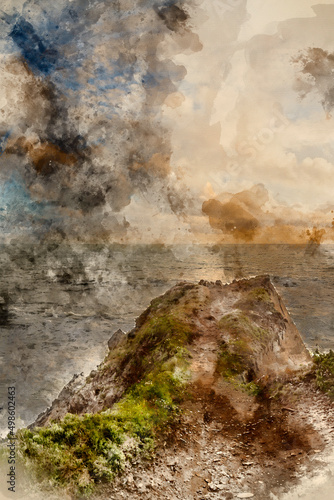 Digital watercolour painting of Stunning landscape image of view from Hartland Quay in Devon England durinbg moody Spring sunset © veneratio